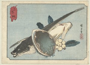 カレイ、アワビ、ベリー 高知あわび 作： Hiroshige (I) , Utagawa