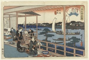 Restaurant Kawachiya in Yanagibashi, Ryogoku Ryogoku Yanagibashi Kawachiya (title on object) Beroemde eethuizen in Edo (series title) Edo komei kaitei tsukushi (series title on object) 作： Hiroshige (I) , Utagawa