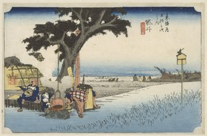 Theehuis in de buitenlucht in Fukuroi Fukuroi, dechaya no zu (title on object) De 53 stations van de Tokaido (series title) Tokaido gojusan tsugi no uchi (series title) 作： Hiroshige (I) , Utagawa