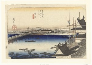 Yoshida, de brug over de Toyo rivier Yoshida, Toyokawabashi (title on object) De 53 stations van de Tokaido (series title) Tokaido gojusan tsugi no uchi (series title on object) 作： Hiroshige (I) , Utagawa