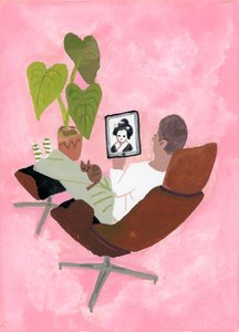 iPadで芸者さんを見ている男性，2017，です。 作： Hiroyuki Izutsu