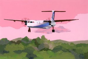 小さな飛行場に着陸する飛行機、2015年（紙にガッシュ） 作： Hiroyuki Izutsu