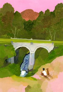 愛犬と一緒に夕暮れの橋を見る 作： Hiroyuki Izutsu