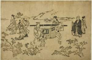 「上野花見の情景」より 通りすがりの駕籠 作： Hishikawa Moronobu