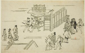 連載「吉原の登場（よしわらのてい）」より 揚屋町入口 作： Hishikawa Moronobu