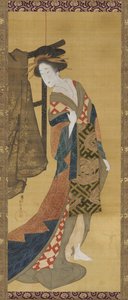 洋服掛けのそばに立つ遊女、江戸時代、19世紀初頭。 作： Hishikawa Sori