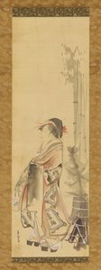 羽子板と羽根を弾く少女、1615～1868年。 作： Hishikawa Sori