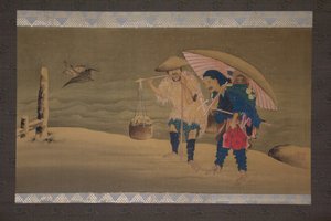 モンキー ショーマンと雪の中のポーター、19 世紀。 作： Hokuga
