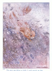 雪が非常に厚く降っていたので、彼を見ることはほとんどできませんでした。エレノア・タイレルによる「リスについての詳細」のイラスト、1915年頃（カラーリソ） 作： Honor Charlotte Appleton