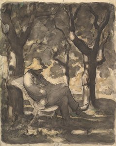 庭で読書する男、1825-79（黒いチョーク、ペンとインク、洗面器とクレヨンの上でトイレ） 作： Honoré Daumier