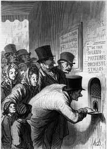 劇場の窓。オノレ・ドーミエ（1808-1879）の漫画。1862年6月7日付「Le Monde Illustré」269号に掲載された版画。 作： Honoré Daumier