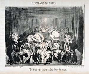 オノレ・ドーミエ（1808-1879）のアートワーク 1852年のシャリバリ紙の日付：Serie LES TRAINS DE PLAISIR -Un train de plaisr.- 夜中の2時。マルセイユ、ロンシャン宮殿の美術館