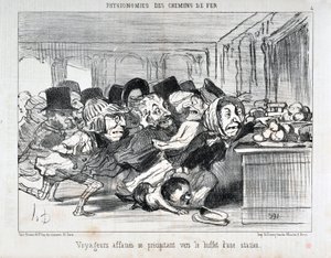 オノレ・ドーミエ（1808-1879）の作品 1852年のシャリヴァリ紙の日付：チェーン・ド・フェールの写真 駅のビュッフェに駆け寄る空腹の旅人たち マルセイユのパレ・ロンシャン美術博物館 作： Honoré Daumier