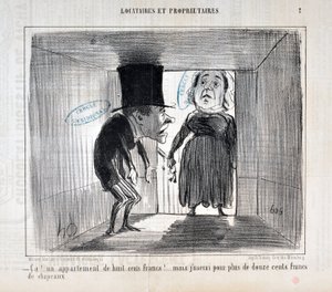 オノレ・ドーミエ（1808-1879）のアートワーク 1854年のシャリヴァリの日付。テニフェスとオーナーズ」 「カ！...800フランのアパルトマン！...でも1200フラン以上の帽子に使うわ」 マルセイユのパレ・ロンシャン美術博物館（MUSEE DES BEAUX ARTS 作： Honoré Daumier