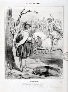 オノレ・ドーミエ（1808-1879）の芸術作品 Charivari は1842年の作品。セリーHISTORIE ANCIE Les Amazones。"その日の最初の火事で、彼らの高貴な女王の前で、彼らは情熱に満ちた馬を手なずけるのを見た。闘技場の真ん中で若き勝者が受けたのは 作： Honoré Daumier