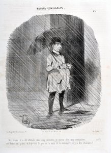 オノレ・ドーミエ（1808-1879）の作品。Charivari」は1842年の作品。Serie MORES CONJUALES 「妻に5分待ってくれと言われたので、1時間15分前にクチュリエに行ってみると、ドアにはクチュリエの広場には学生がいると書いてあった。"