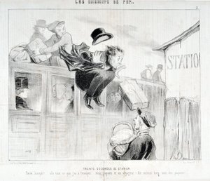 オノレ・ドーミエ（1808-1879）の作品。Charivariは1843年の作品。Serie LES Chemins de fer 30 seconds of station "-Tiens Joseph! vla everything I have to send you... three packages and a traveler - Above particularly care of the packages" MUSEE DES BEAUX ART