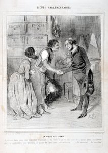 オノレ・ドーミエ（1808-1879）の作品。シャリヴァリ」は1843年の作品。セリーSCENES PARLIAMENTARY。選挙の訪問。マルセイユ、ロンシャン宮殿の美術館 作： Honoré Daumier
