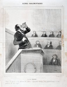オノレ・ドーミエ（1808-1879）の作品。シャリヴァリ」は1843年の作品。セリーSCENES PARLIAMENTARY。ギャラリーにて - 砂糖の問題に移る前に、名誉議員は自分のテーマについてよく考えたい」MUSEE DES BEAUX ARTS - PALAIS LONGCHAMP, MARS 作： Honoré Daumier