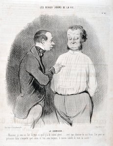 オノレ・ドーミエ（1808-1879）の作品。Charivariは1845年の作品。セリー「LES BEAUX DAYS DE LA VIE」。ブラウス「お客様、私はあなたに最高の服を作りました......私のやり方でシャツを着れば、どんな居間でも自分を演出でき、私たちは常に最高の服を着ていることになります。 作： Honoré Daumier