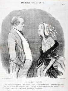 オノレ・ドーミエ（1808-1879）の作品。Charivariは1845年の作品。セリー LES BEAUX DAYS DE LA VIE。芸術家の誓約 「私の劇場への誓約を求めているのか...それはとても良いことだ...お嬢さん...君はなんて美しいんだろう...1200フランで済むよ...それは...」。 作： Honoré Daumier