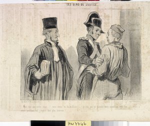 オノレ・ドーミエ（1808-1879）の作品。Charivariは1845年の作品。セリー LES PEANS DE JUSTICE。"何の用だ？""我々は不幸だった""今回は君の無実を証明できなかった今回はあなたの無実を証明することができませんでした...でも次のフライトではもっと幸せになりたいと思っています」との抜粋。 作： Honoré Daumier