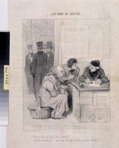 オノレ・ドーミエ（1808-1879）の作品。Charivariは1845年の作品。セリー LES PEANS DE JUSTICE。"手紙を書かないと、彼は優しくなれないの？- 廷吏に付き添うなんて。あなたはフランス人ではないのですか？"ディム37.5x28。Le" Charivari "新聞からの抜粋 作： Honoré Daumier