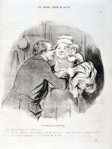 オノレ・ドーミエ（1808-1879）の作品。Charivariは1848年の作品。人生の美しき日」シリーズ。看護師の訪問 - パパにキスしよう 小さな子供のダーリン - 彼は今日を望んでいないが、いつもは..."マルセイユ、ロンシャン宮殿の美術館 作： Honoré Daumier