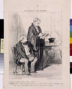 オノレ・ドーミエ（1808-1879）の作品。Charivariは1851年の作品。Serie LES Avocats et les litigants."弁護士-事件はうまくいく、事件はうまくいく!訴訟担当者......あなたは4年間も私にこのことを言っている......もし彼女がそんなに長く歩いているなら、私は結局、私の手を煩わせることになるだろう。 作： Honoré Daumier