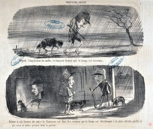 オノレ・ドーミエ（1808-1879）の作品「シャリヴァリ」は1853年の作品です。Serie Sketches de Chasse "Depart Five heures du matin, - le chasseur finds that the weather is uncertain" "Back to six o