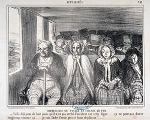 オノレ・ドーミエ（1808-1879）のアートワーク Charivari は1855年のもの。Serie Actualites de voyage en railroad "-この路線で事故が起きなかったのは8日以上になる...このまま長くは続かないだろう...。この列車に乗ったことを後悔している 作： Honoré Daumier