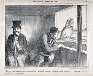 Honore Daumier (1808-1879) Charivari dates from 1858: Serie EMOTIONS EN Chemin de fer -" Tiens... ma femme avec un monsieur... et nous sommes lances a toute vapeur!!..no way to go surprise them!!.."美術館、ロンシャン宮殿、マーチ 作： Honoré Daumier