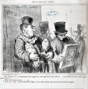オノレ・ドーミエ（1808-1879）の作品。Charivariは1859年の作品。Serie IN THE SALE "・・・妻に勧められて、パリで作った肖像画を持ってきました・・・。私はこのセールを利用して、この作品を購入しました...。-でも、あなたじゃない...カ...。- 私はそれを知っている、私はそれを作る 作： Honoré Daumier
