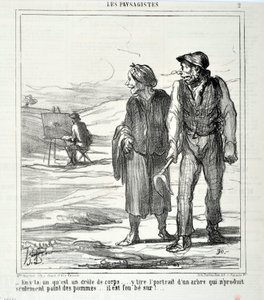 オノレ・ドーミエ（1808-1879）の作品。Charivariは1864年の作品。LES LANDSAGISTS "という作品で、おかしな体をしている...リンゴだけを作らない木の肖像を描いている...彼は夢中になっている！"ロンシャン宮殿の美術館 作： Honoré Daumier
