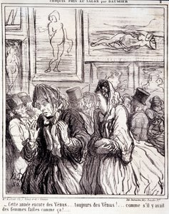オノレ・ドーミエ（1808-1879）の作品。Charivari」は1865年の作品。サロンで撮影されたセリエのスケッチ「今年もヴィーナス...いつもヴィーナス！...あんな風に作られた女性がいるかのように！」。新聞「ル・シャリヴァリ」からの抜粋 薄さ：28x28cm。印刷物