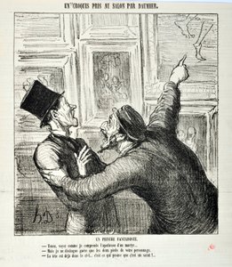 オノレ・ドーミエ（1808-1879）の作品。Charivari」は1865年の作品。サロンで描かれたスケッチの数々 気まぐれな画家。「殉教者の神格化を私がどう理解しているか見てください。"しかし、私にはあなたの両足しか見えません" "頭はすでに天にあります