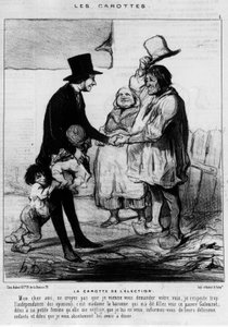 選挙の候補者が農民の家庭を訪問。"選挙のにんじん」-ドーミエの漫画、1844年3月21日の「シャリヴァリ」紙に掲載 作： Honoré Daumier