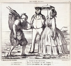 パリの観光客のバカンスを描いた漫画。シリーズ「Ax Bains de Mer」。"海老漁"オノレ・ドーミエ（1808-1879）による版画。9月5日の新聞「ル・シャリヴァリ」からの抜粋 作： Honoré Daumier