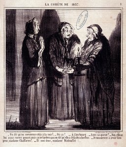 科学に関する漫画。セリエスール「1857年の彗星」。"我々はすでに彼女を見始めていると言う！..."オノレ・ドーミエ（1808-1879）による版画。3月7日の新聞「ル・シャリヴァリ」からの抜粋 作： Honoré Daumier