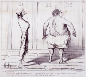 登場に関する漫画セリー「The Bathers」。ドルイエ父さんに伝えて..."Honore DAUMIER（1808-1879）の版画。新聞 "Le Charivari "からの抜粋。ボックス12 マルセイユ、Musee des Beaux-Arts, Palais Longchamps, Collection Arts Graphi 作： Honoré Daumier
