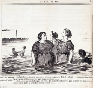 外見やファッションについての漫画。シリーズ「Les Bains de Mer」。"Honore DAUMIER (1808-1879)によるエングレーヴィング。9月16日の新聞「ル・シャリヴァリ」からの抜粋 作： Honoré Daumier