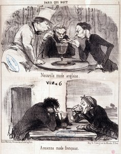 美食家の虐待についての漫画。"Paris qui drinks "シリーズ：新しいイギリスのファッションと古いフランスのファッション。Honore DAUMIER (1808-1879)の版画。1852年6月23日の新聞「ル・シャリヴァリ」からの抜粋 薄手 37x26 cm Inv D 2312 - box 24 N¡7.マルセイユ、ミューズ 作： Honoré Daumier