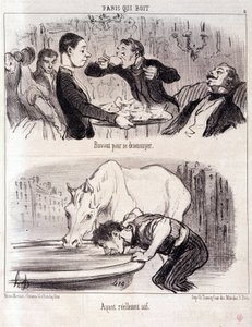 美食家の虐待についての漫画。セリエ・パリの飲み会。"退屈しのぎの飲み会。本当に喉が渇く。"Honore DAUMIER (1808-1879)によるエングレーヴィング。1852年6月16日の新聞 "Le Charivari "からの抜粋 Dim 37x26cm Inv D 2310 - box 24 N¡5.マルセイユ、Musee des B 作： Honoré Daumier