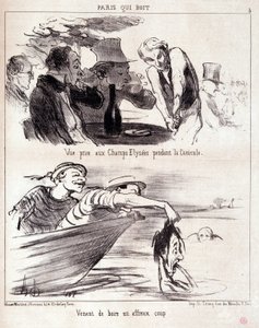 美食家の虐待についての漫画。Paris qui boire "のシリーズ。"猛暑の中、シャンゼリゼ通りで撮った写真。ひどい一杯を飲んだばかりだ。"Honore DAUMIER（1808-1879）の版画。6月5日の新聞「ル・シャリヴァリ」からの抜粋 作： Honoré Daumier
