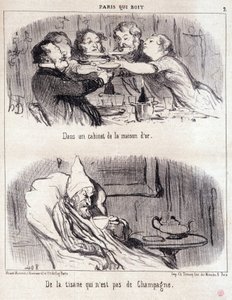 美食家の虐待に関する漫画セリー「Paris qui drinks」。"ドール家のキャビネットではシャンパンではないハーブティー。"Honore DAUMIER（1808-1879）の版画。6月4日の新聞「ル・シャリヴァリ」からの抜粋 作： Honoré Daumier