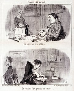 美食家の虐待についての漫画。Serie "Paris qui mange":ボスの朝食。6人目の店員がおごる。オノレ・ドーミエ（1808-1879）によるエングレーヴィング。6月26日の新聞「ル・シャリヴァリ」からの抜粋