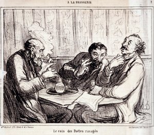 詩を書く人の漫画シリーズ「ア・ラ・ブラッセリー」。"ボロボロになった詩人たちのコーナー」。オノレ・ドーミエ（1808-1879）によるエングレーヴィング。新聞「ル・シャリヴァリ」1月7日号より抜粋 作： Honoré Daumier