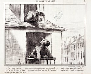 科学に関する漫画セリエスール「1857年のコメテ」。"さてお隣さん...どうしてあんなに大泣きしたのかな..."オノレ・ドーミエ（1808-1879）による版画。3月11日の新聞「ル・シャリヴァリ」からの抜粋 作： Honoré Daumier