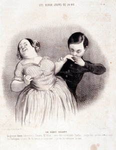 夫婦を描いた漫画シリーズ "The Beautiful Days of Life"。"颯爽とした始まり...オノレ・ドーミエ（1808-1879）による版画。7月10日の新聞「ル・シャリヴァリ」からの抜粋 作： Honoré Daumier