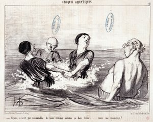 海辺で過ごす観光客を描いた漫画。シリーズ "Les Bains de Mer"。「水辺のスケッチ。水の中でこんな風にあなたをかき回すのは合理的ではありません...あなたは私を濡らしました！"Honore DAUMIER (1808-1879)のエングレーヴィング。新聞 "Le Chariv "からの抜粋 作： Honoré Daumier